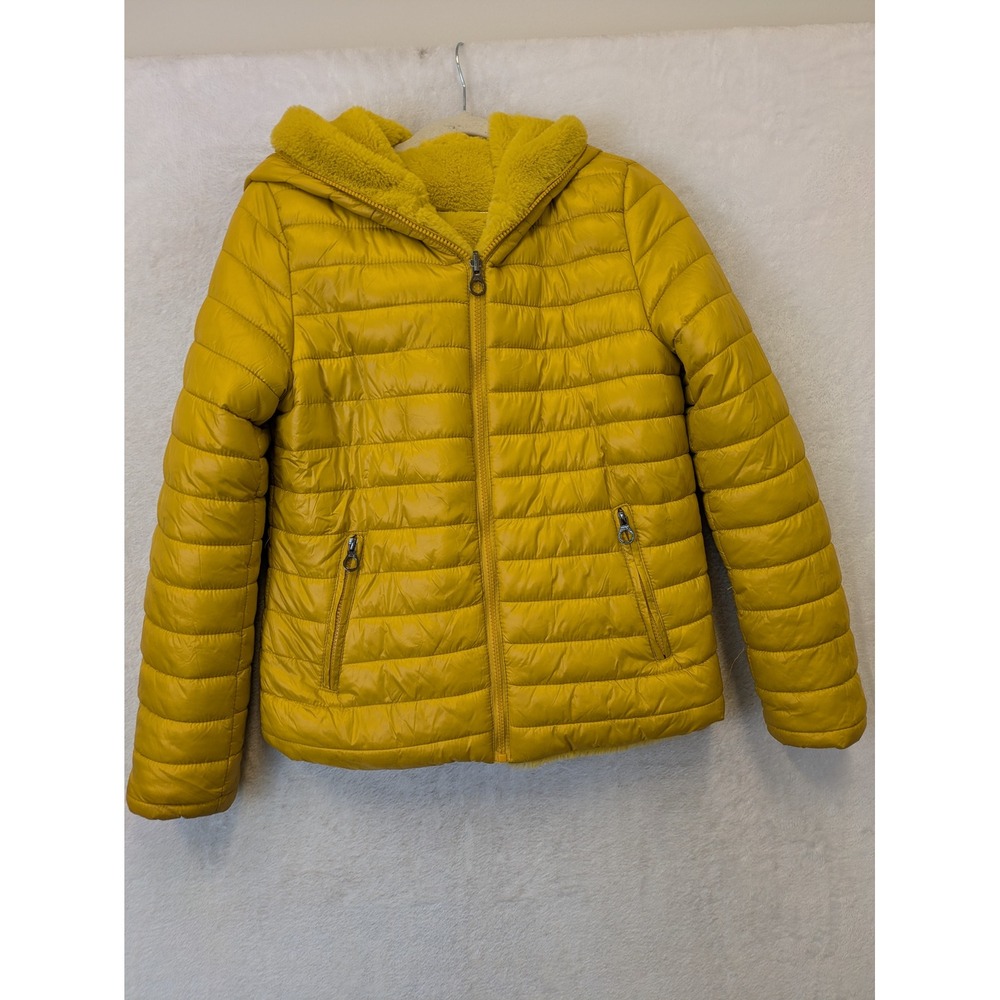 Zuiki Womens Gold Puffer Jacket Hooded Faux Fur Lined‎ Quilted Zip Coat Size S